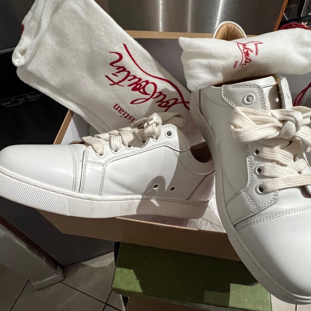 Christian Louboutin White Leather Lace-Up Low Tops with Red Logo Dust Bags